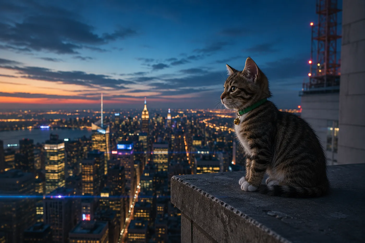 Cate perched above Manhattan at blue hour with the skyline behind